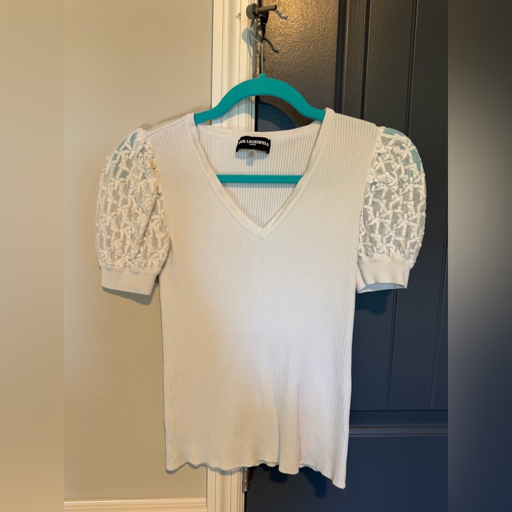 Karl Lagerfeld Ivory Knit Top with Lace Sleeves
